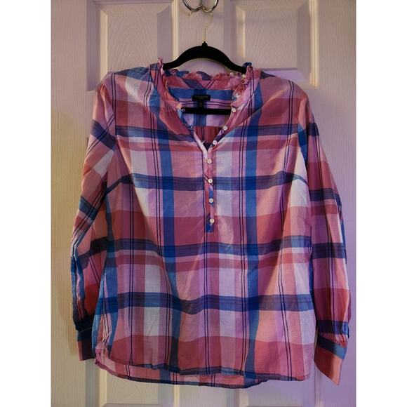 Talbots Cotton Popover Ruffle Blouse Pink Top Plaid Long Sleeve Size MP - Picture 2 of 7